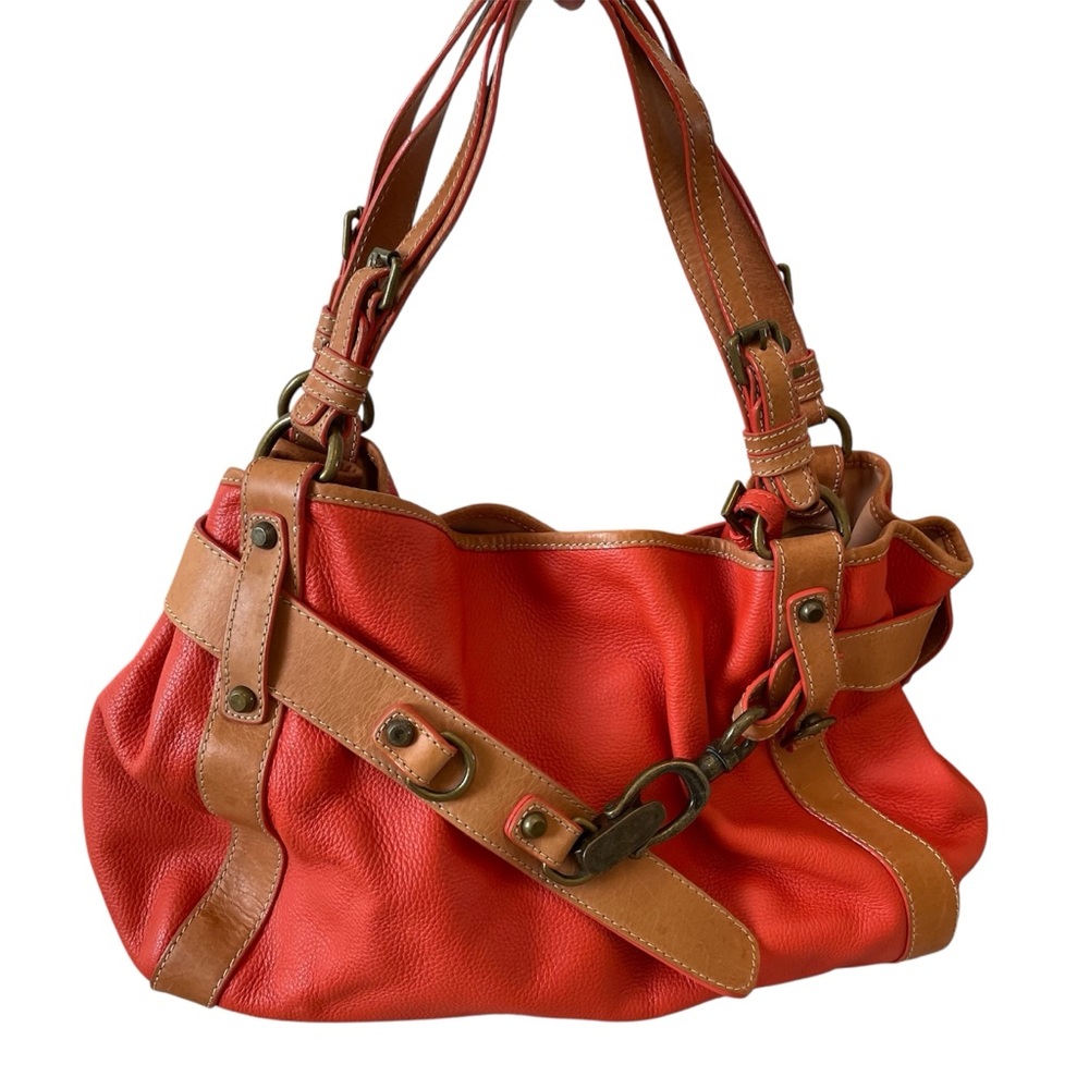 Talbots Orange and Tan Pebbled Leather Large Slouchy Bag